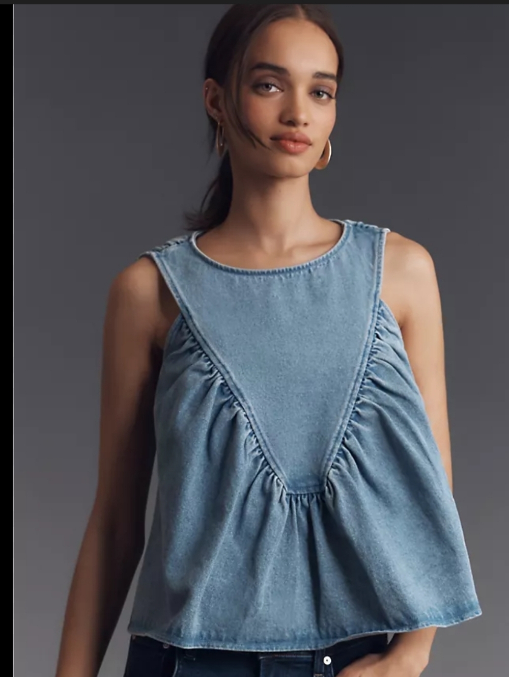 So Me NWT Light Wash Ruched Denim Shirred Tent Style Tank Blouse Size Large